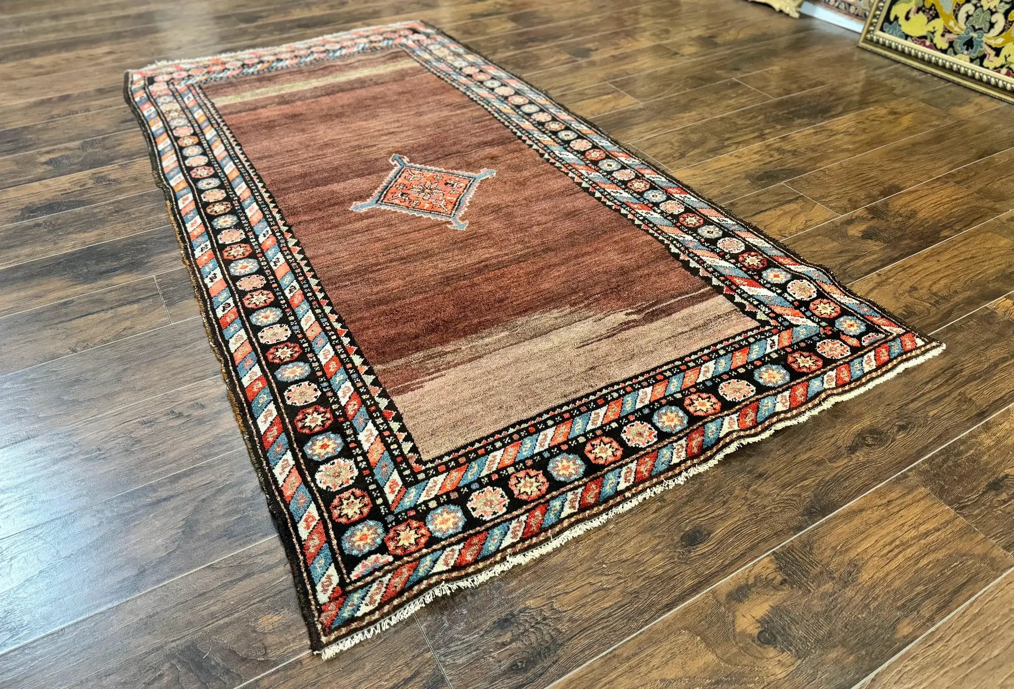Antique Persian Rug 4x7, Sarab Tribal Wool Carpet, Brown and Multicolor, Handmade Wide Runner Rug 4 x 7, Open Field, Rainbow Border by Jewel Rugs