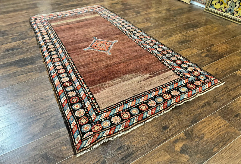 Antique Persian Rug 4x7, Sarab Tribal Wool Carpet, Brown and Multicolor, Handmade Wide Runner Rug 4 x 7, Open Field, Rainbow Border by Jewel Rugs