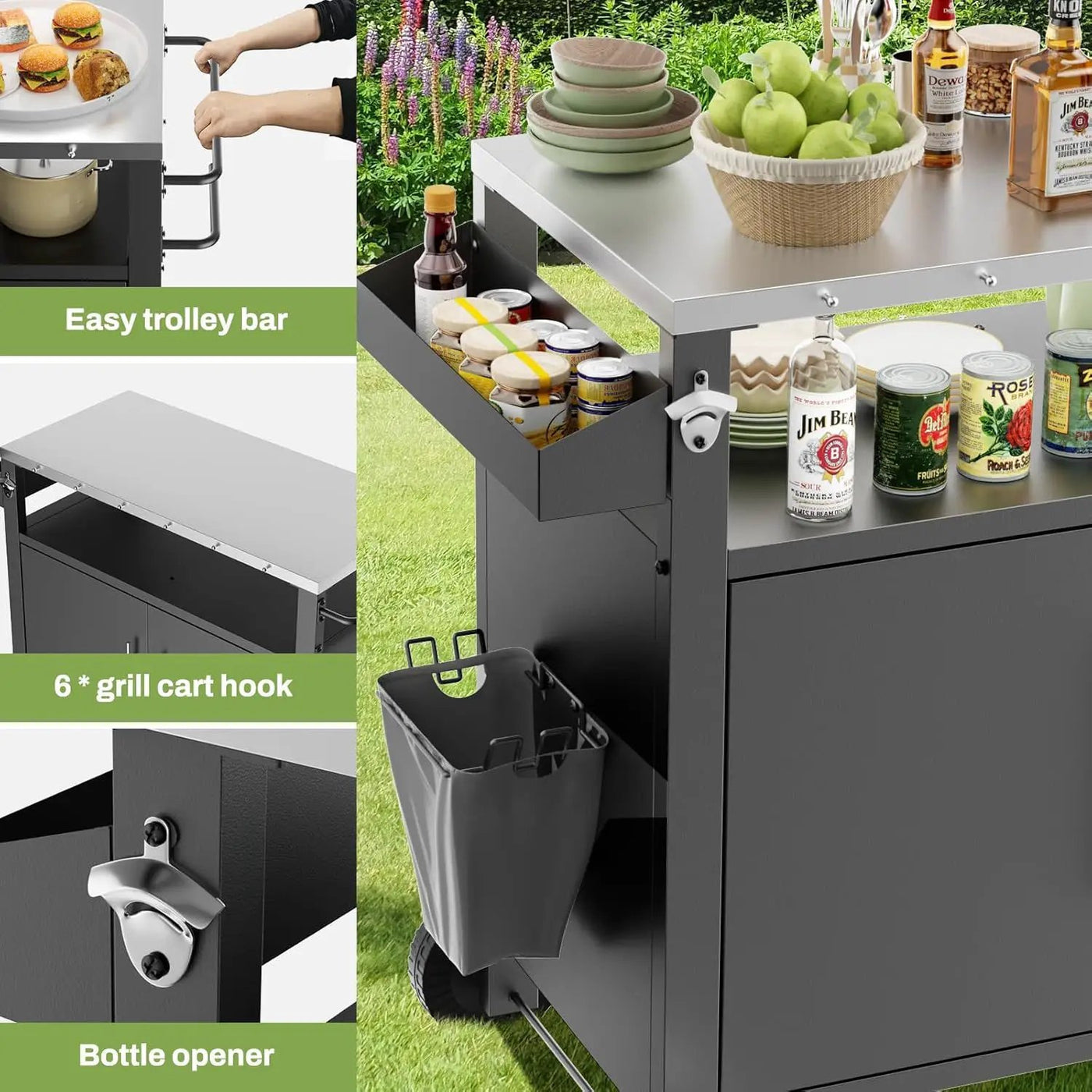 Outdoor Grill Cart With Storage, Rolling Bar Cart With Hooks And Spice Rack Stainless Steel by HouseOfZazla