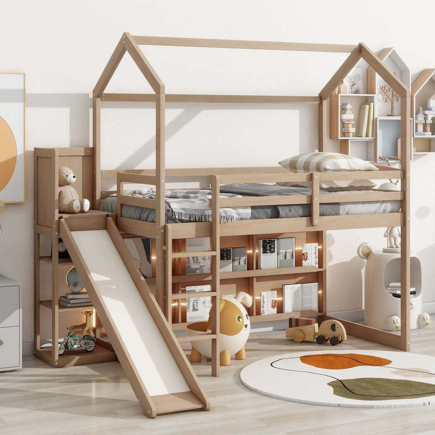 House Loft Bed With Slide, Storage Shelves And Light, Climbing Ramp by HouseOfZazla