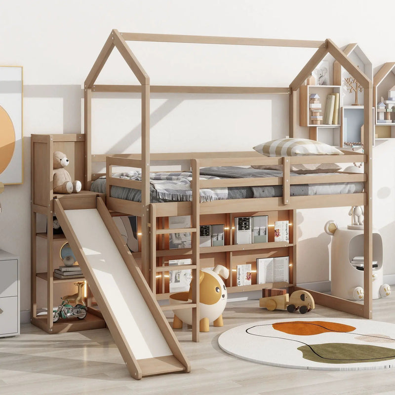 House Loft Bed With Slide, Storage Shelves And Light, Climbing Ramp by Unique Piece Furniture
