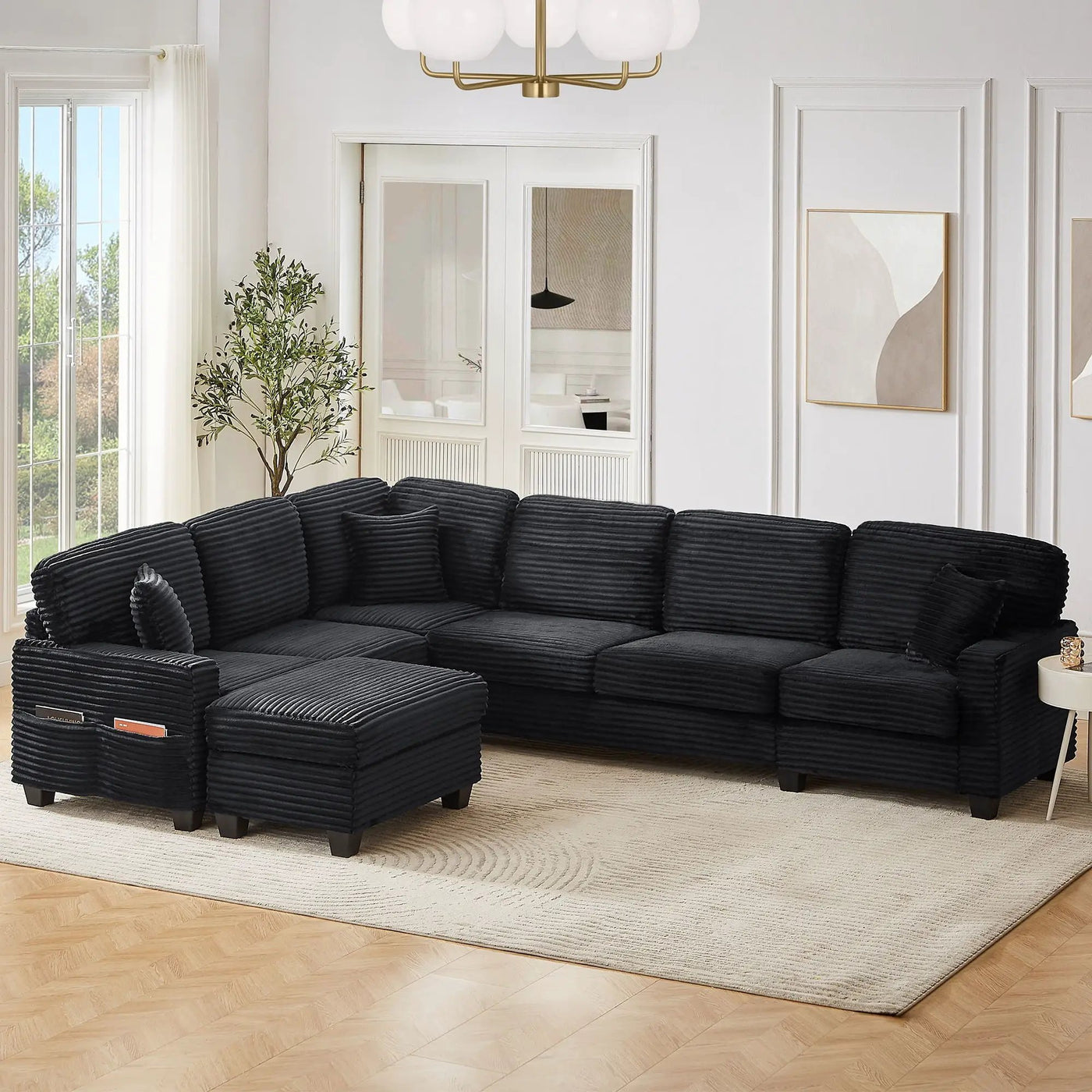 Upholstered U-Shaped Sectional Sofa With Movable Ottoman And Side Storage Pockets by HouseOfZazla