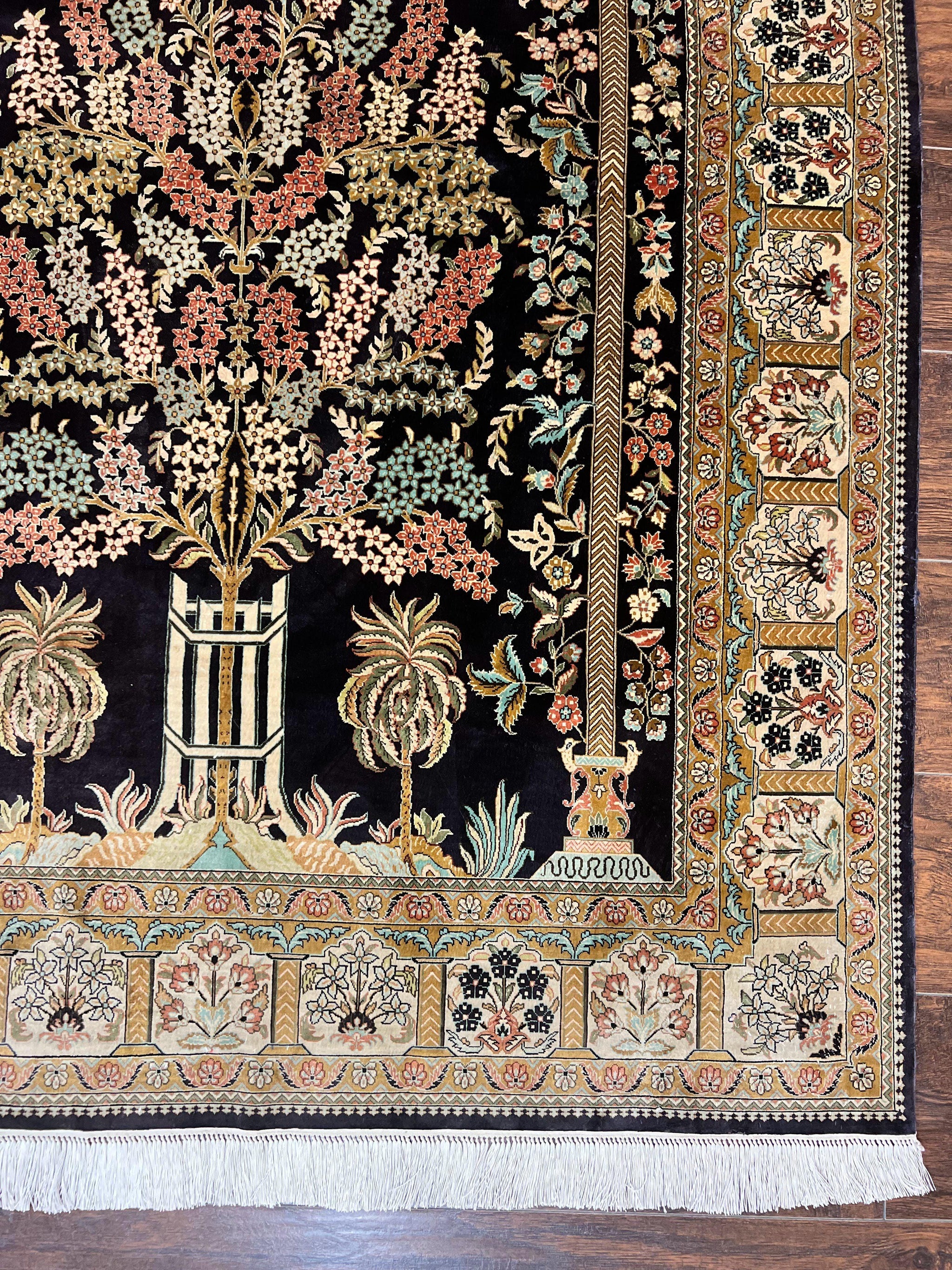 Wonderful Sino Persian Silk Rug 4x6, Tree of LIfe Design, Masterpiece 575 KPSI, Birds, Prayer Rug, Black, Silk on Silk by Jewel Rugs