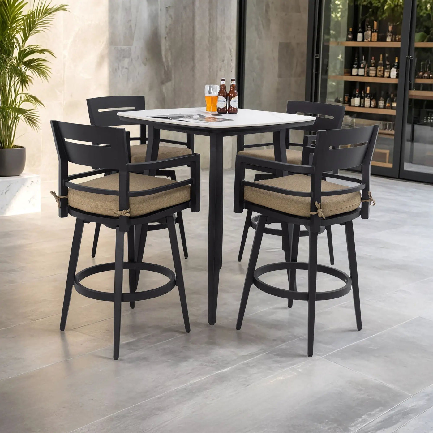 5 Pieces Outdoor Patio Bar Set, Rounded Square Sintered Stone Table & 4 Swivel Bar Chairs by HouseOfZazla