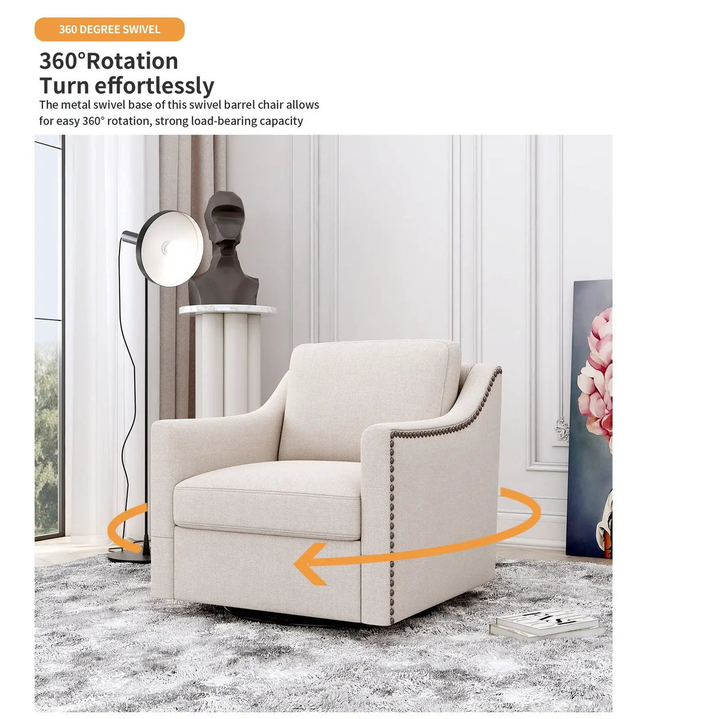 360 Degree Swivel Armchair, Skin Friendly Fabric, Ergonomic Design, Brass Nail Decorative Armchair by HouseOfZazla