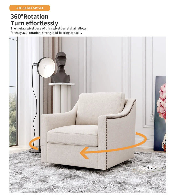 360 Degree Swivel Armchair, Skin Friendly Fabric, Ergonomic Design, Brass Nail Decorative Armchair by HouseOfZazla