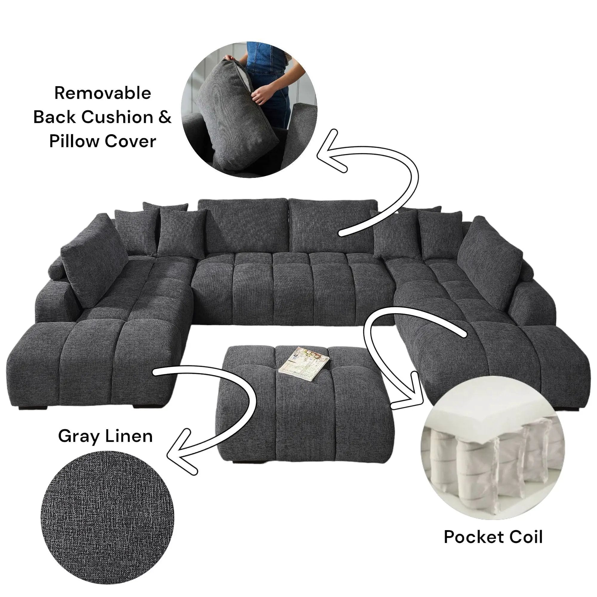 Chosen - Sectional Sofa With Toss Pillows With 2 Chaises With Ottoman - Gray by Unique Piece Furniture
