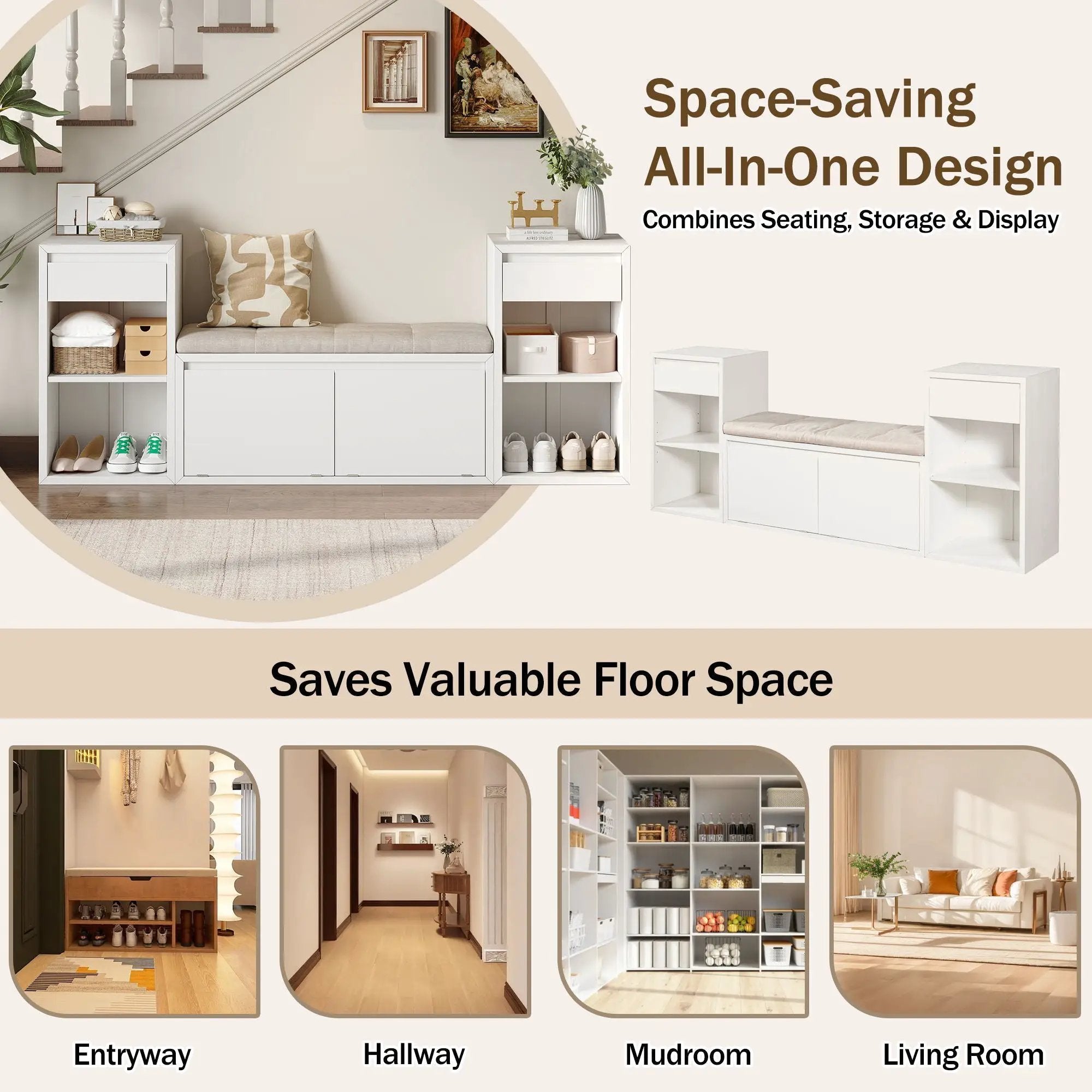 Entryway Storage Bench With Cushion, Drawers & Open Shelves by Unique Piece Furniture