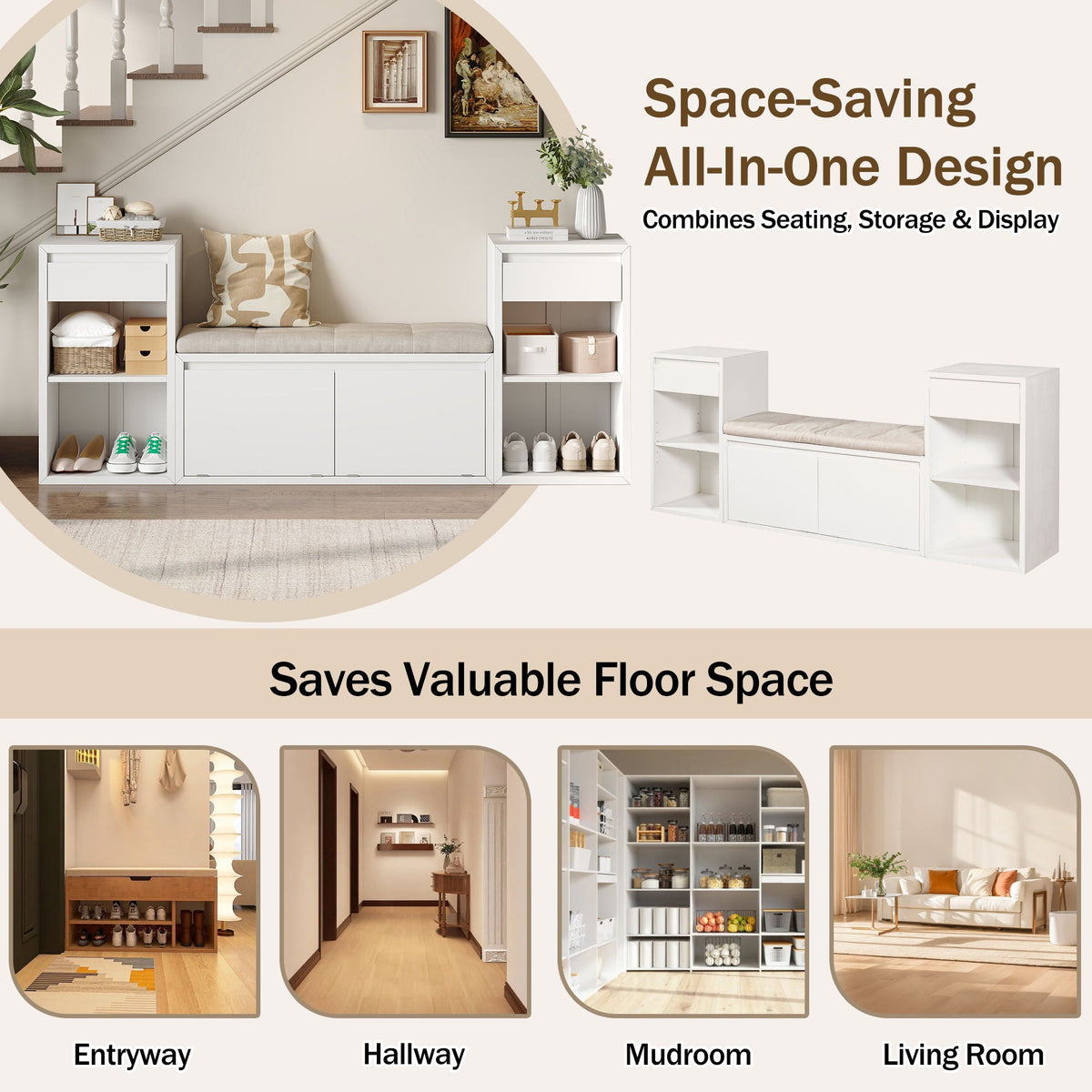 Entryway Storage Bench with Cushion, Drawers & Open Shelves - Choice of Color, photo 19 of 40