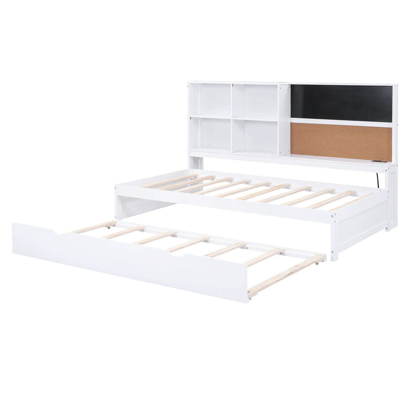 Twin Size Daybed With Storage Shelvesboard, Cork Board, USB Ports And Trundle - White by HouseOfZazla