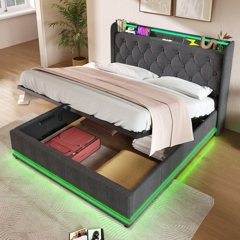 Upholstered Bed, 360 Surround LED Function, Remote Control, Hydraulic Storage Bed With USB, Type-C Charging (Without Mattress) by HouseOfZazla
