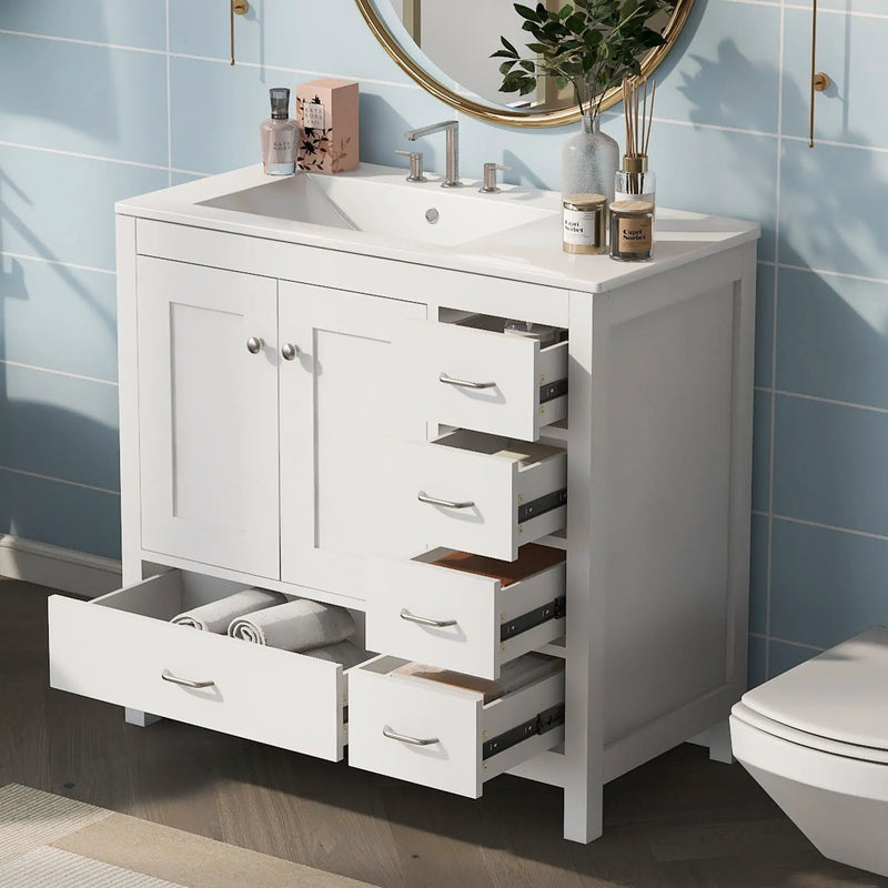Bathroom Vanity With Ceramic Sink Combo, Abundant Storage Cabinet 2 Soft Close Doors And 5 Drawers by HouseOfZazla