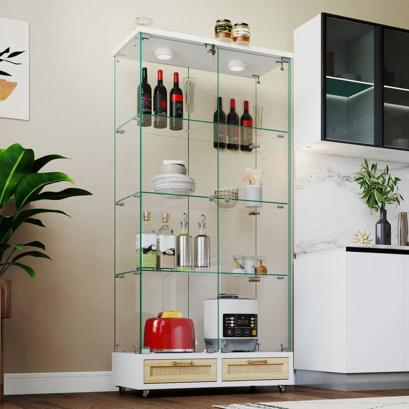 Glass Display Cabinet With LED Lights, Tempered Glass Doors, Large Drawers, 2 Door Storage Case With 4 Shelves - Natural / White by Unique Piece Furniture