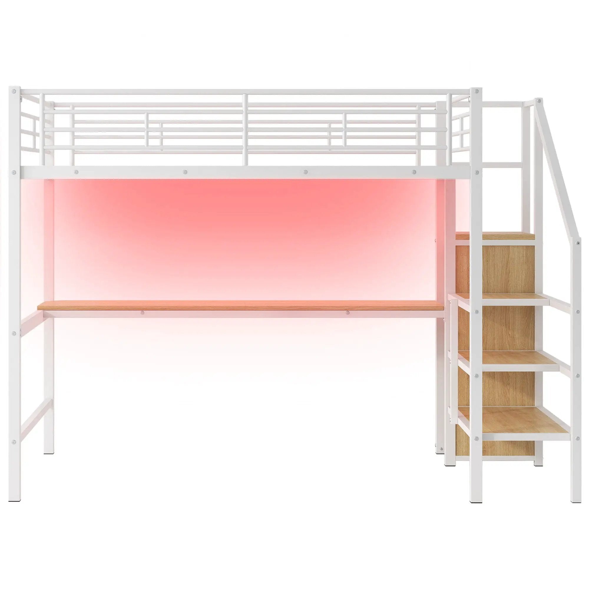 Loft Bed With Desk, Storage Staircase, Small Wardrobe And LED Light by Unique Piece Furniture