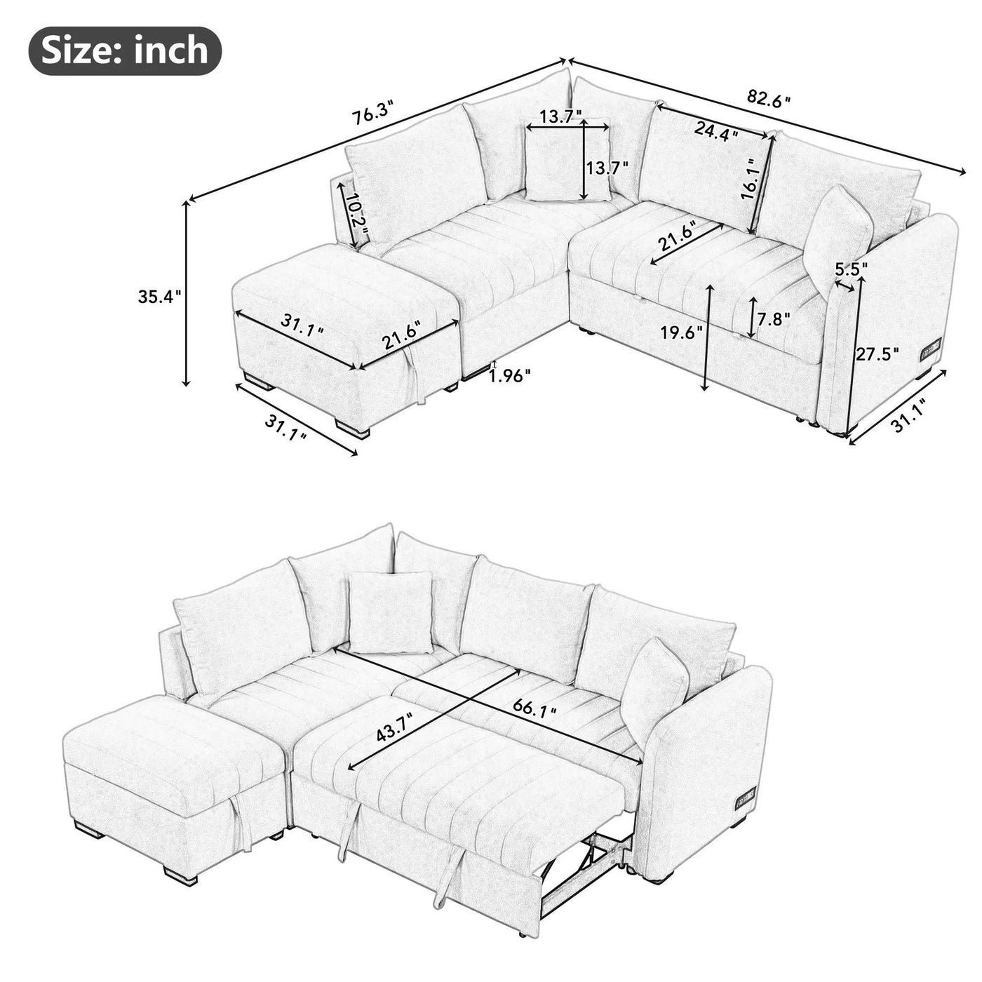 L-Shaped Sectional Pull Out Sofa Bed Sleeper Sofa With Two USB Ports, Two Power Sockets And A Movable Storage Ottoman by Unique Piece Furniture