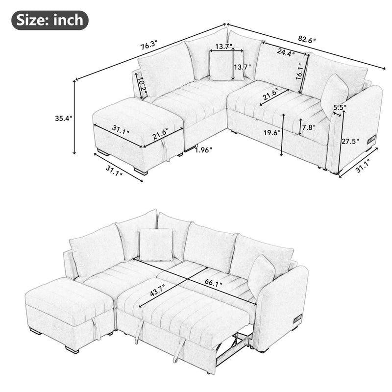 L-Shaped Sectional Pull Out Sofa Bed Sleeper Sofa With Two USB Ports, Two Power Sockets And A Movable Storage Ottoman by Unique Piece Furniture