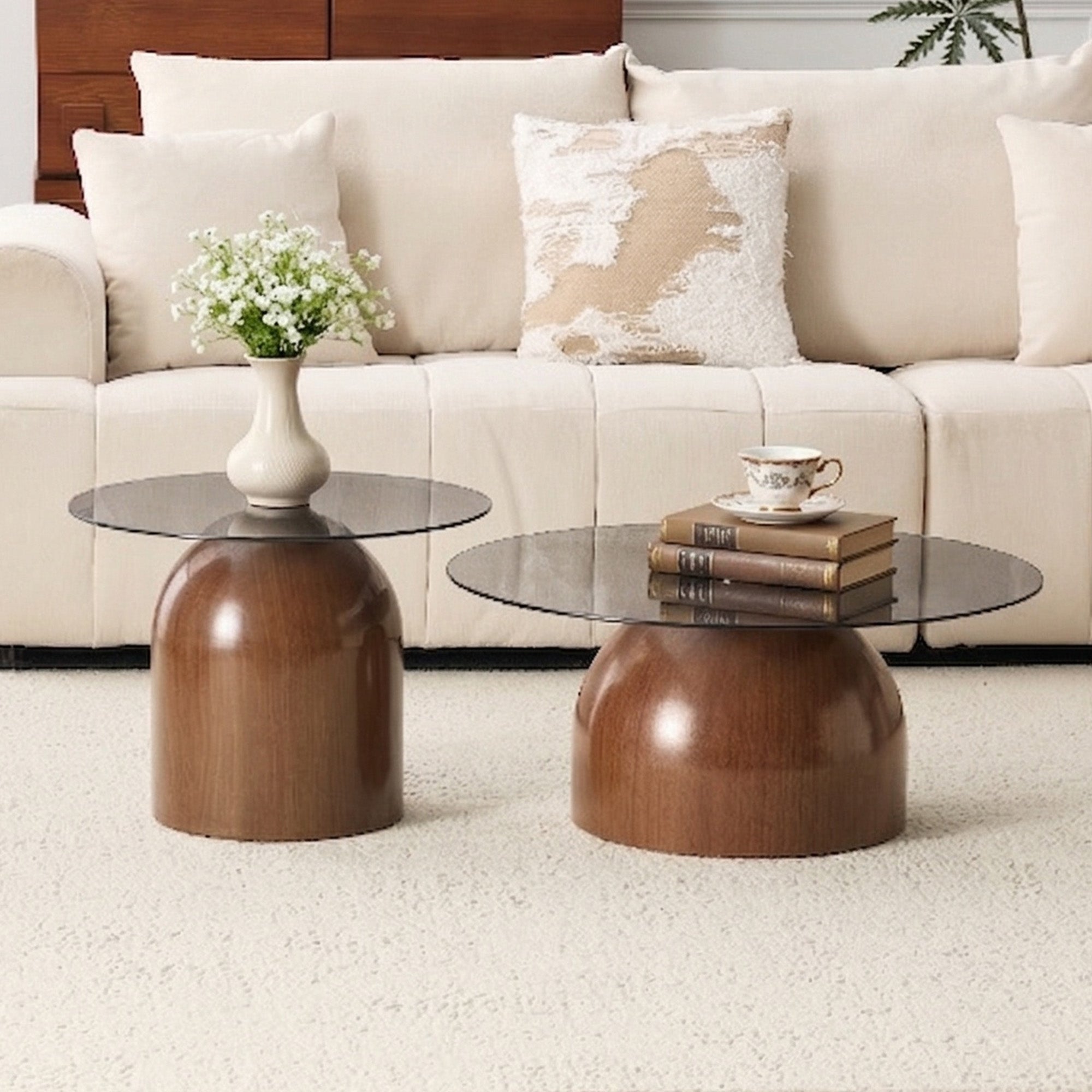 Nesting Coffee Table Set of 2 with Glass Desktop in Walnut by HouseOfZazla