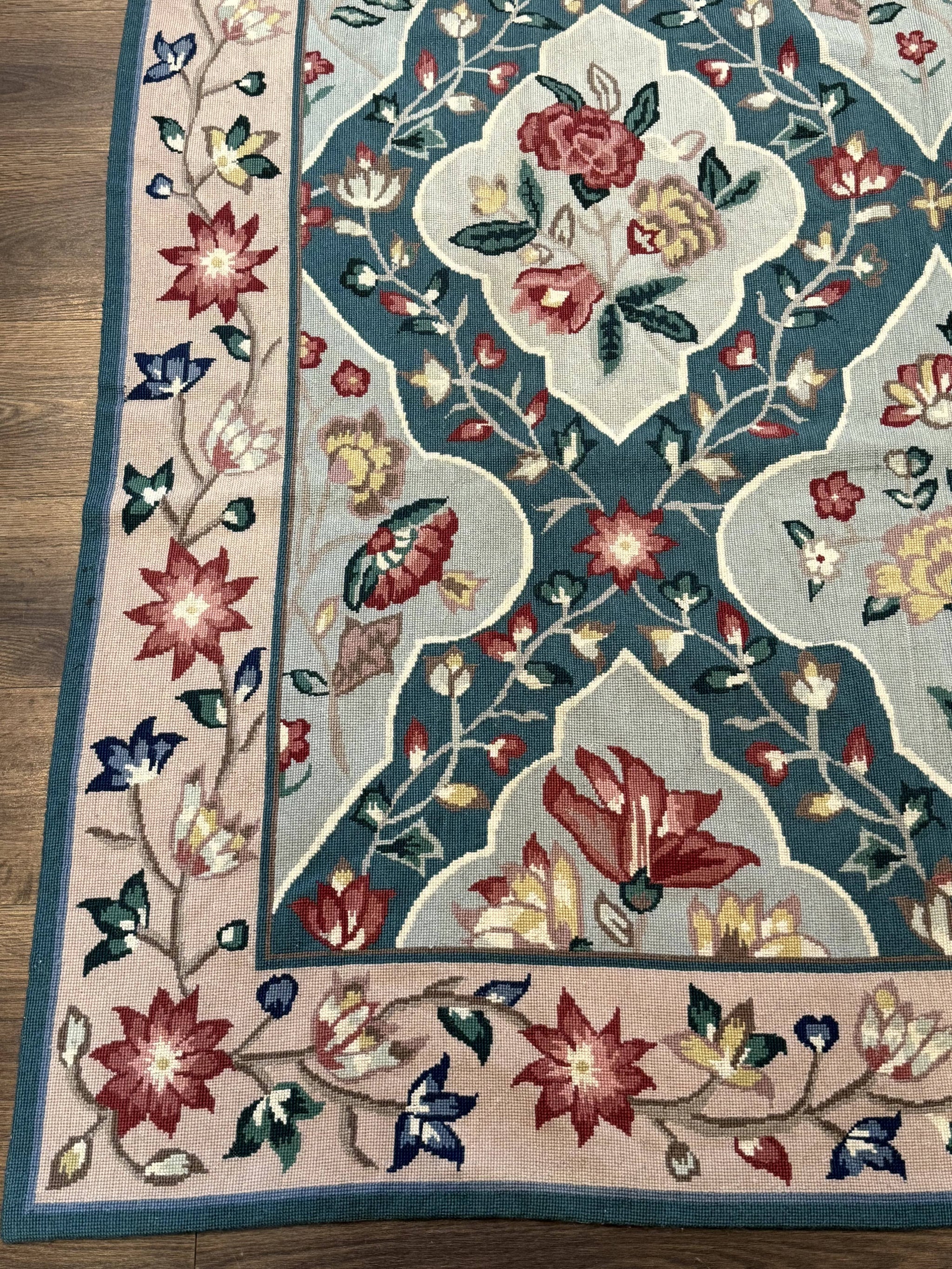 Teal Needlepoint Rug 6x9, Panel Design, Floral Bouquets, Handmade by Jewel Rugs
