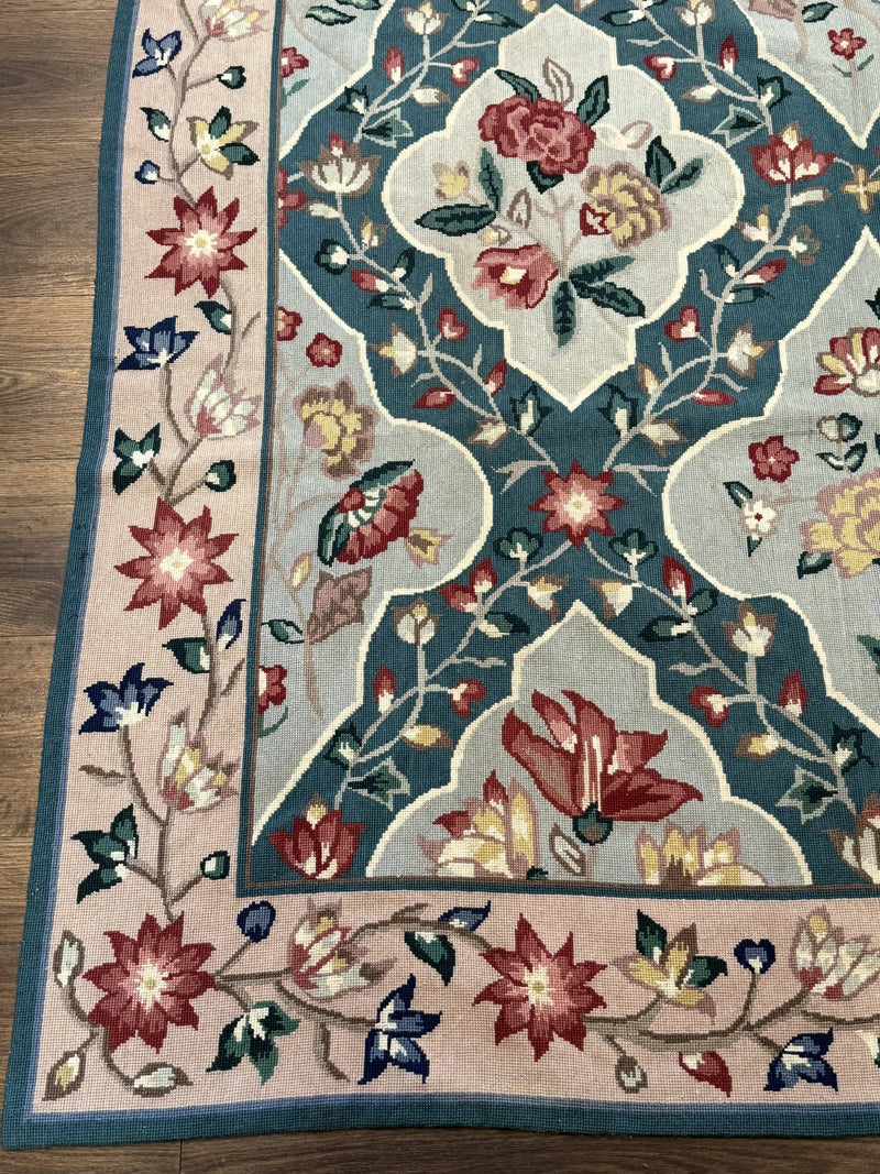 Teal Needlepoint Rug 6x9, Panel Design, Floral Bouquets, Handmade by Jewel Rugs