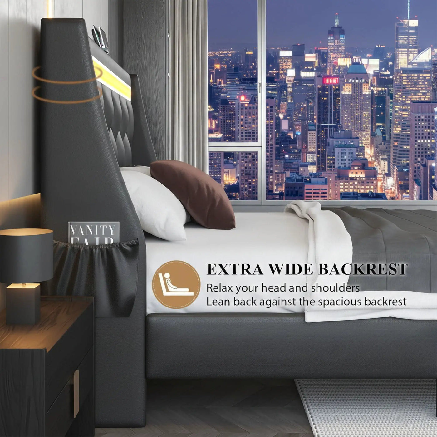 Wingback Upholstered Bed Frame With LED Lights, Charging Station by HouseOfZazla