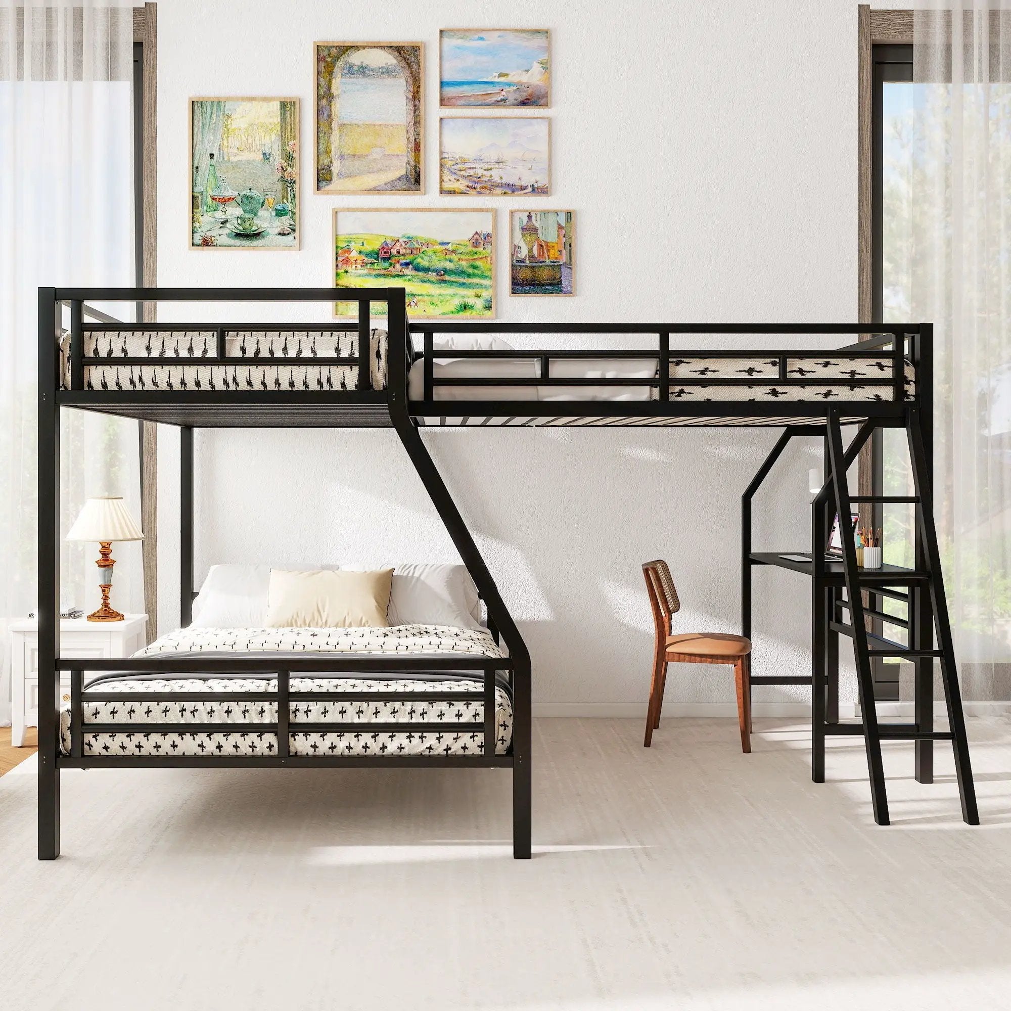 Twin Over Full Bunk Bed With Loft And Desk, L-Shaped Design For 3 Sleepers - Black by Unique Piece Furniture