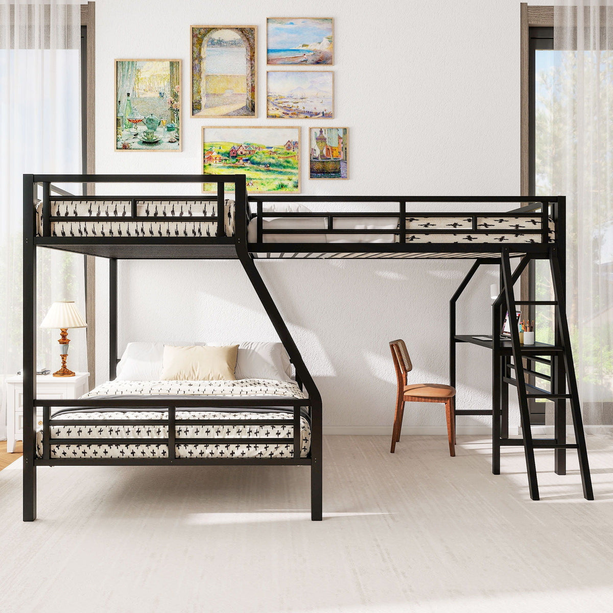 Twin Over Full Bunk Bed with Loft and Desk - L-Shaped Design for 3 Sleepers - Black, photo 3 of 14