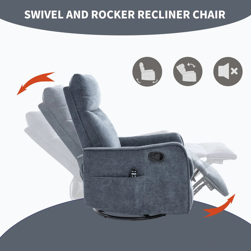 Blue Heat Massage Manual Recliner Chair with Rocker and Swivel by HouseOfZazla