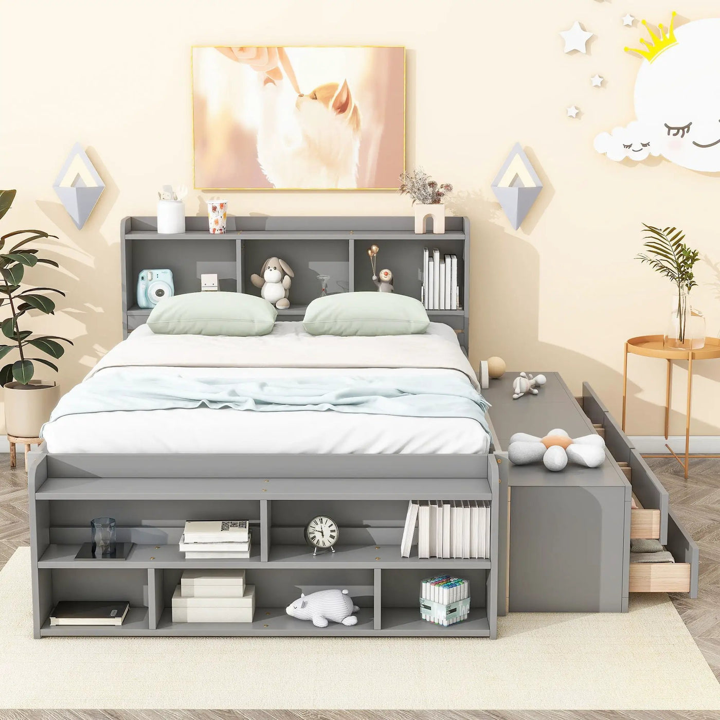Bed With Bookcase Headboard, Under Bed Storage Drawers And Bed End Storage Case by Unique Piece Furniture