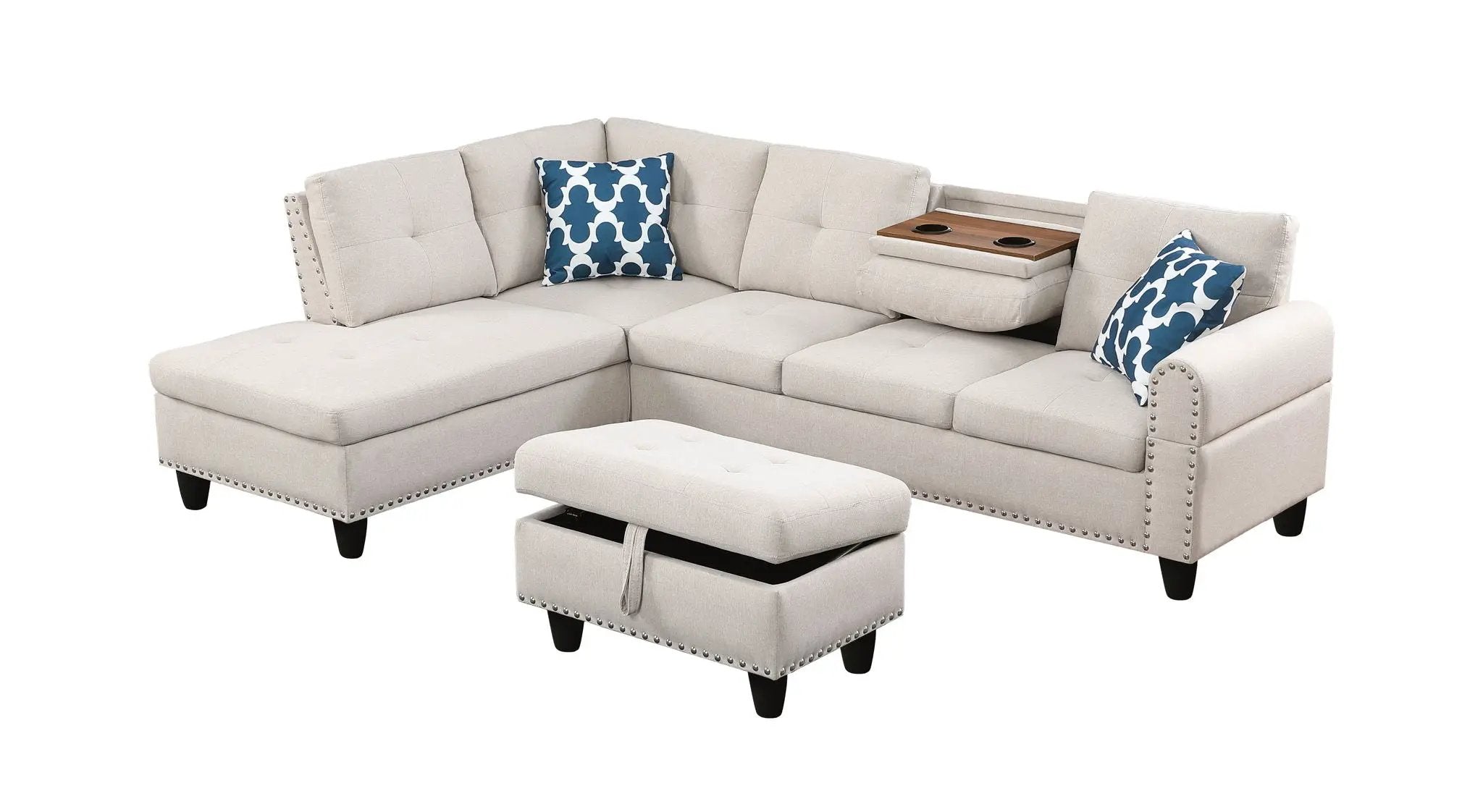 Alger - Wide Left Hand Facing Sofa & Chaise With Ottoman - Beige by HouseOfZazla
