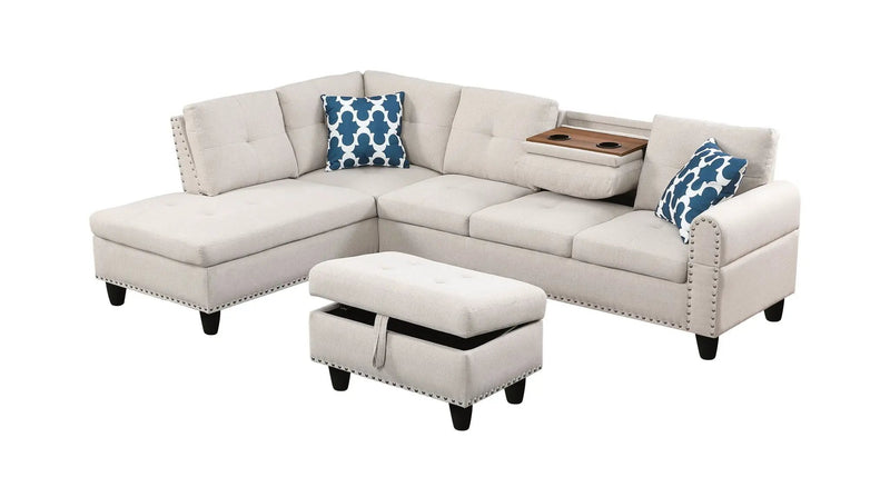 Alger - Wide Left Hand Facing Sofa & Chaise With Ottoman - Beige by HouseOfZazla