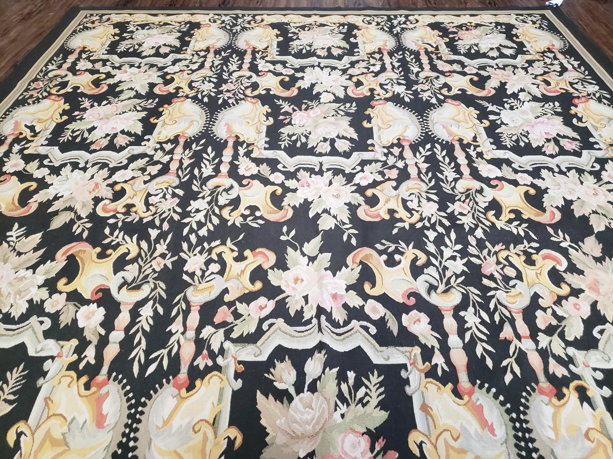 Vintage Black Aubusson Area Rug 8x10, Large Flowers Chinese Aubusson Carpet 7.9 x 10, Wool Hand-Knotted Floral Pattern Flat Weave Rug Nice by Jewel Rugs
