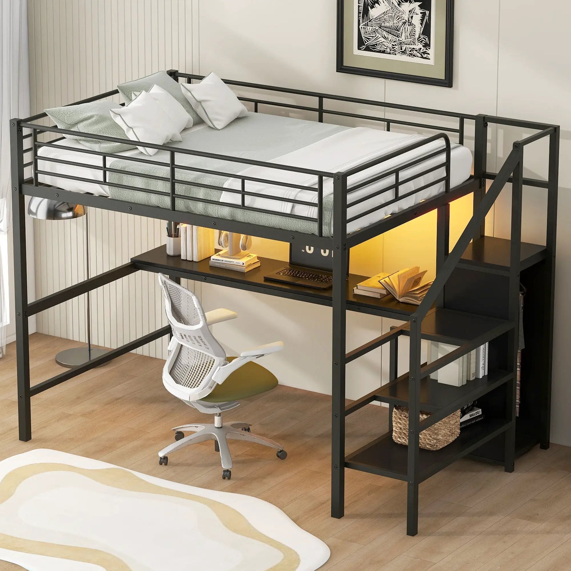 Full Size Loft Bed With Desk, Storage Staircase, Small Wardrobe And LED Light - Black