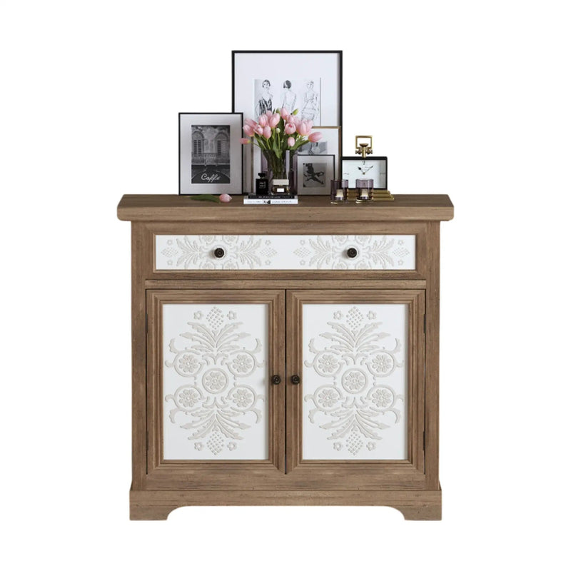 Accent Cabinet With Carved Floral Panels, Sideboard With Drawer And Double Doors - Antique Brown / White by HouseOfZazla