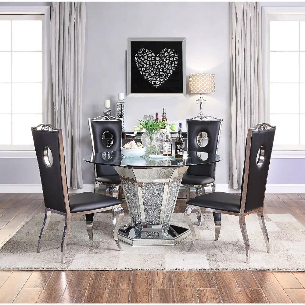 Noralie - Dining Table - Mirrored, Faux Diamonds & Clear Glass Top by Unique Piece Furniture