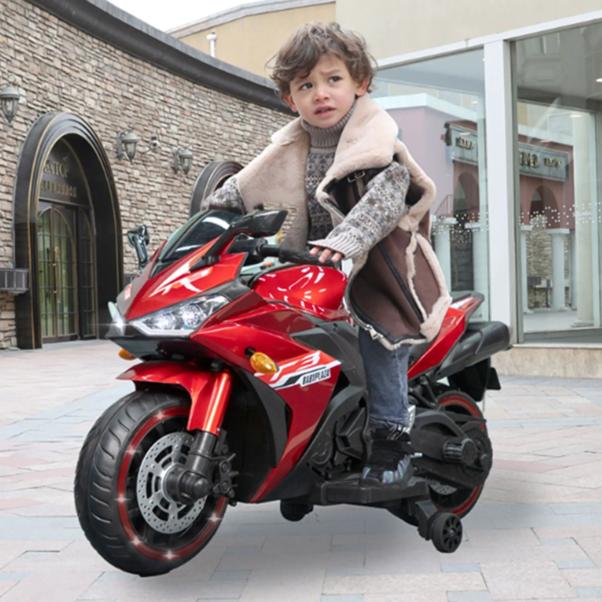 Kids 12V Motorcycle With Training Wheels, Manual Throttle, And Lighting Wheels For Boys And Girls Ages 3-6 - Red by HouseOfZazla