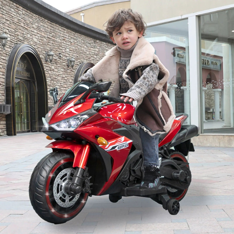Kids 12V Motorcycle With Training Wheels, Manual Throttle, And Lighting Wheels For Boys And Girls Ages 3-6 - Red by HouseOfZazla