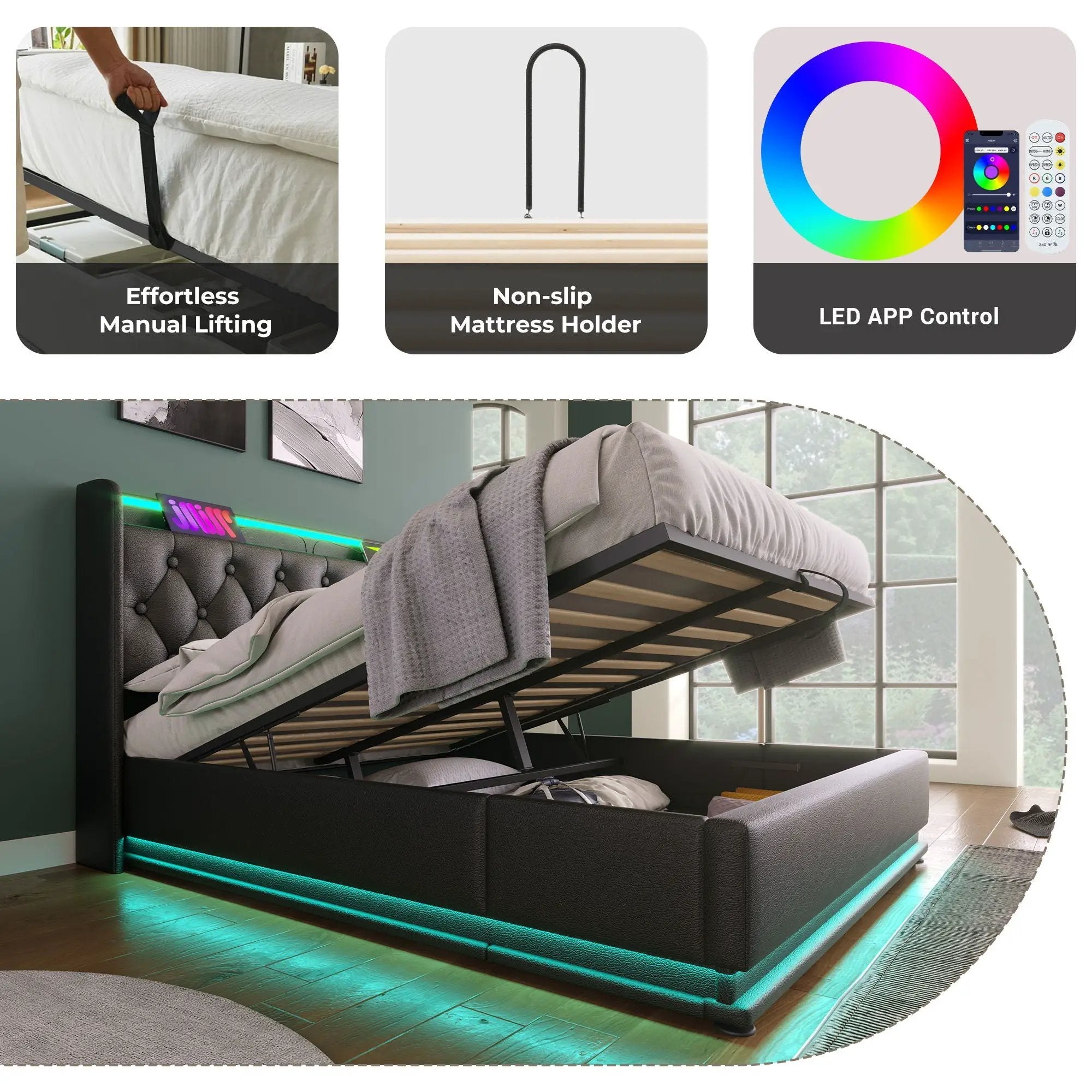 Upholstered Bed, 360 Surround LED Function, Remote Control, Hydraulic Storage Bed With USB, Type-C Charging (Without Mattress) by HouseOfZazla