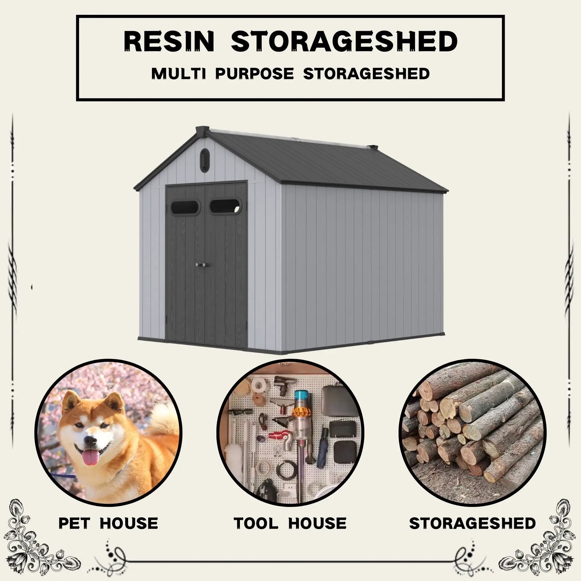Resin Plastic Storage Shed For Backyard Garden With Spire Tool Storage by HouseOfZazla