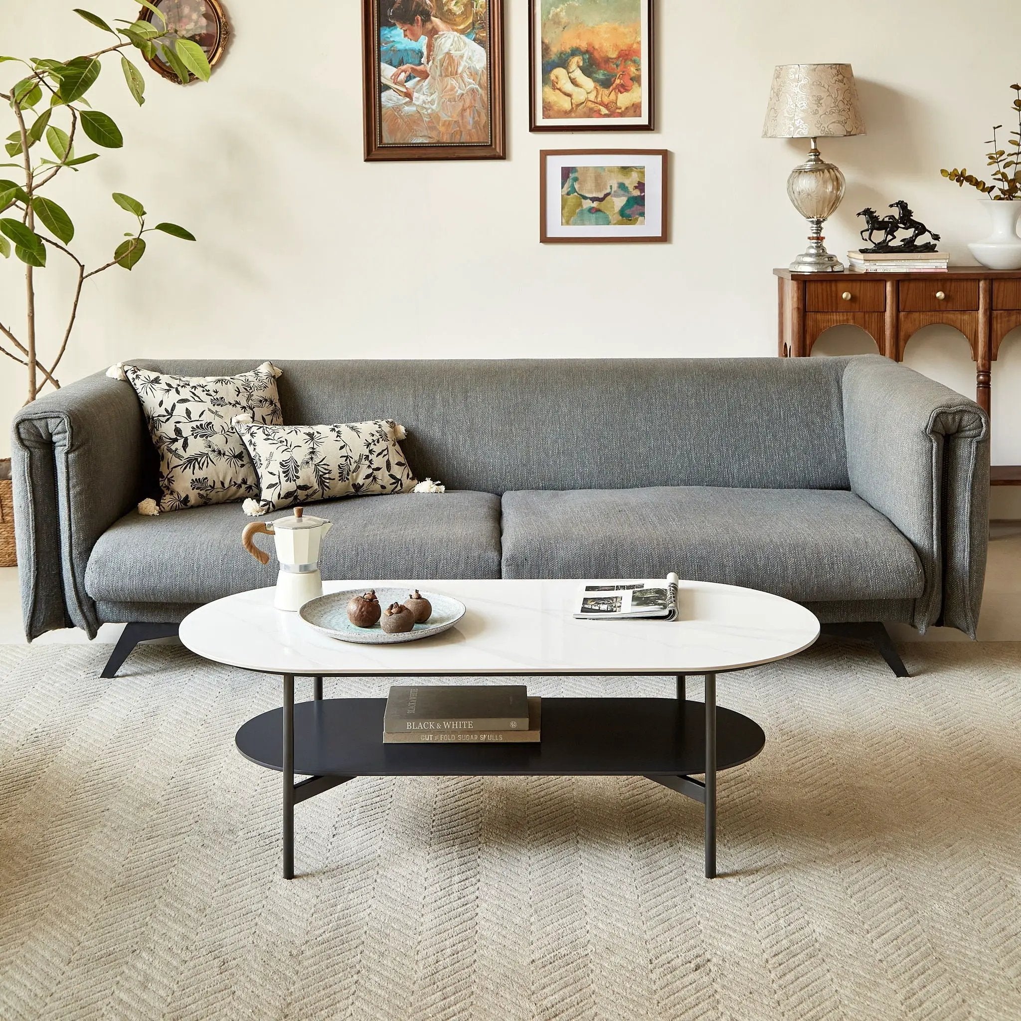 Contemporary Coffee Table Sintered Stone Surface With Ceramic Finish Double Layer Design Base Matte Shelf Modern Living Room Center Table - White / Gray by Unique Piece Furniture