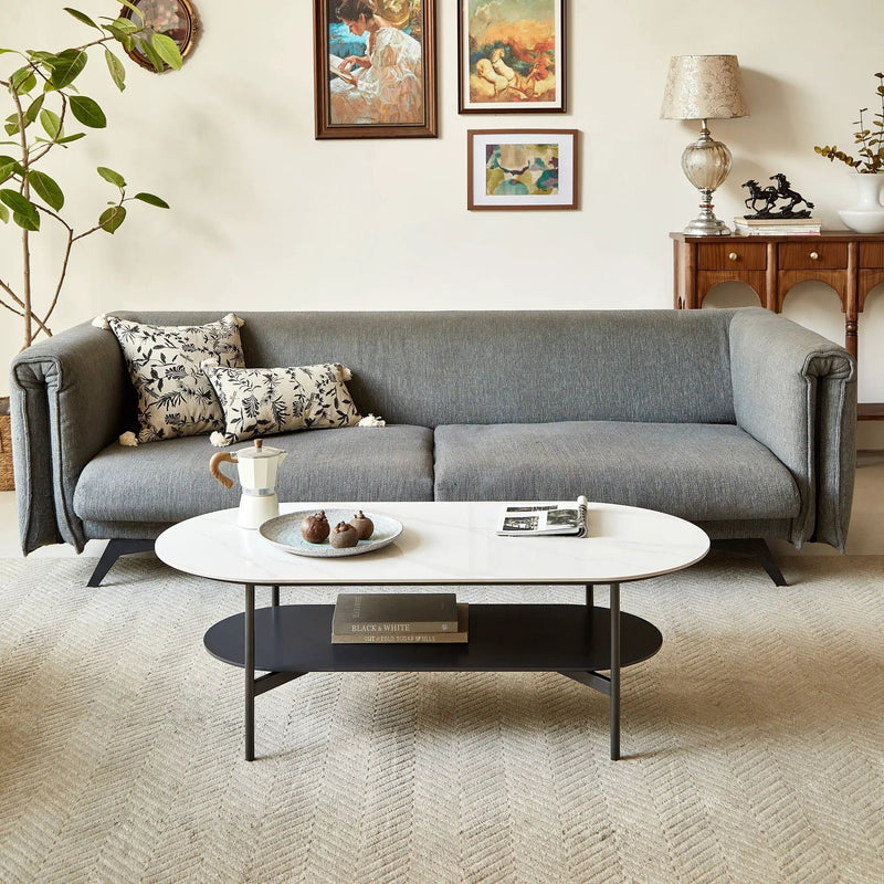 Contemporary Coffee Table Sintered Stone Surface With Ceramic Finish Double Layer Design Base Matte Shelf Modern Living Room Center Table - White / Gray by Unique Piece Furniture