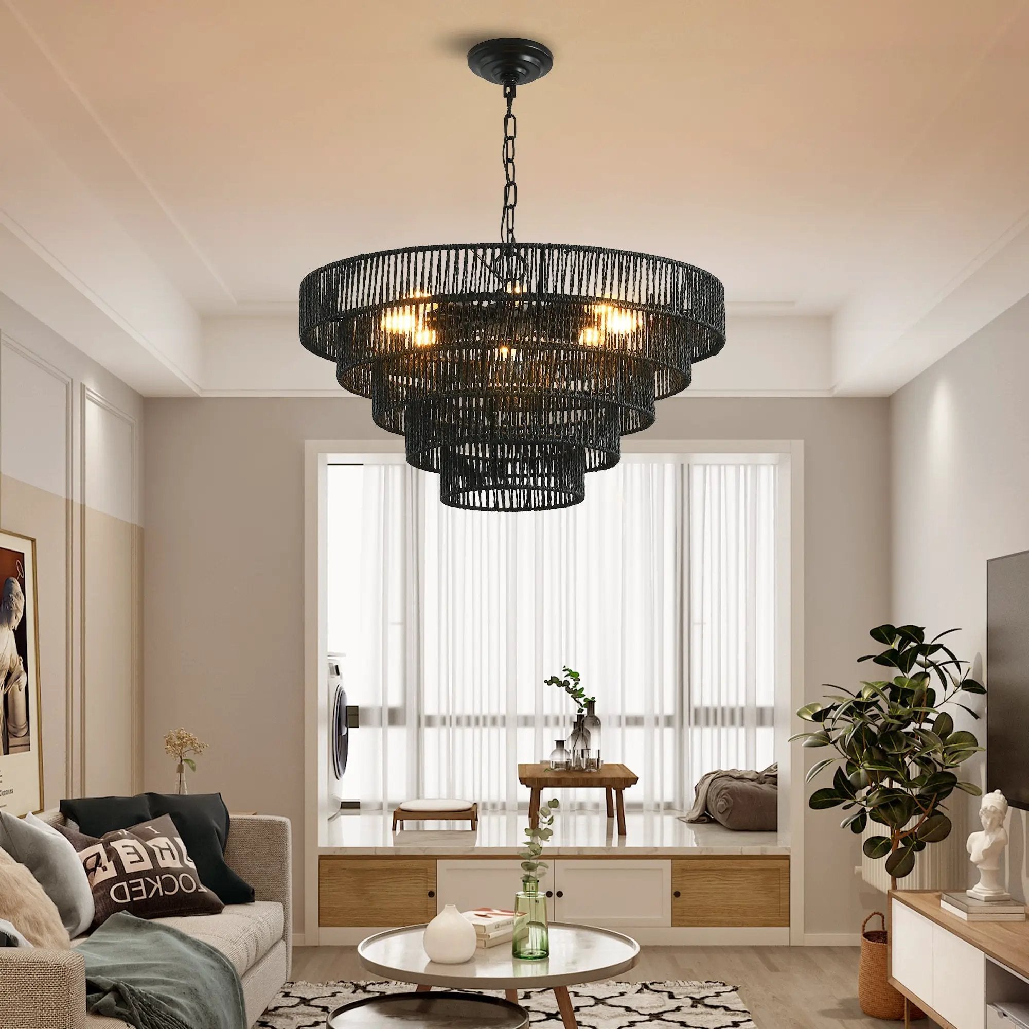 24' Rustic 5-Tier Black Hemp Rope Pendant Light Chandelier by HouseOfZazla