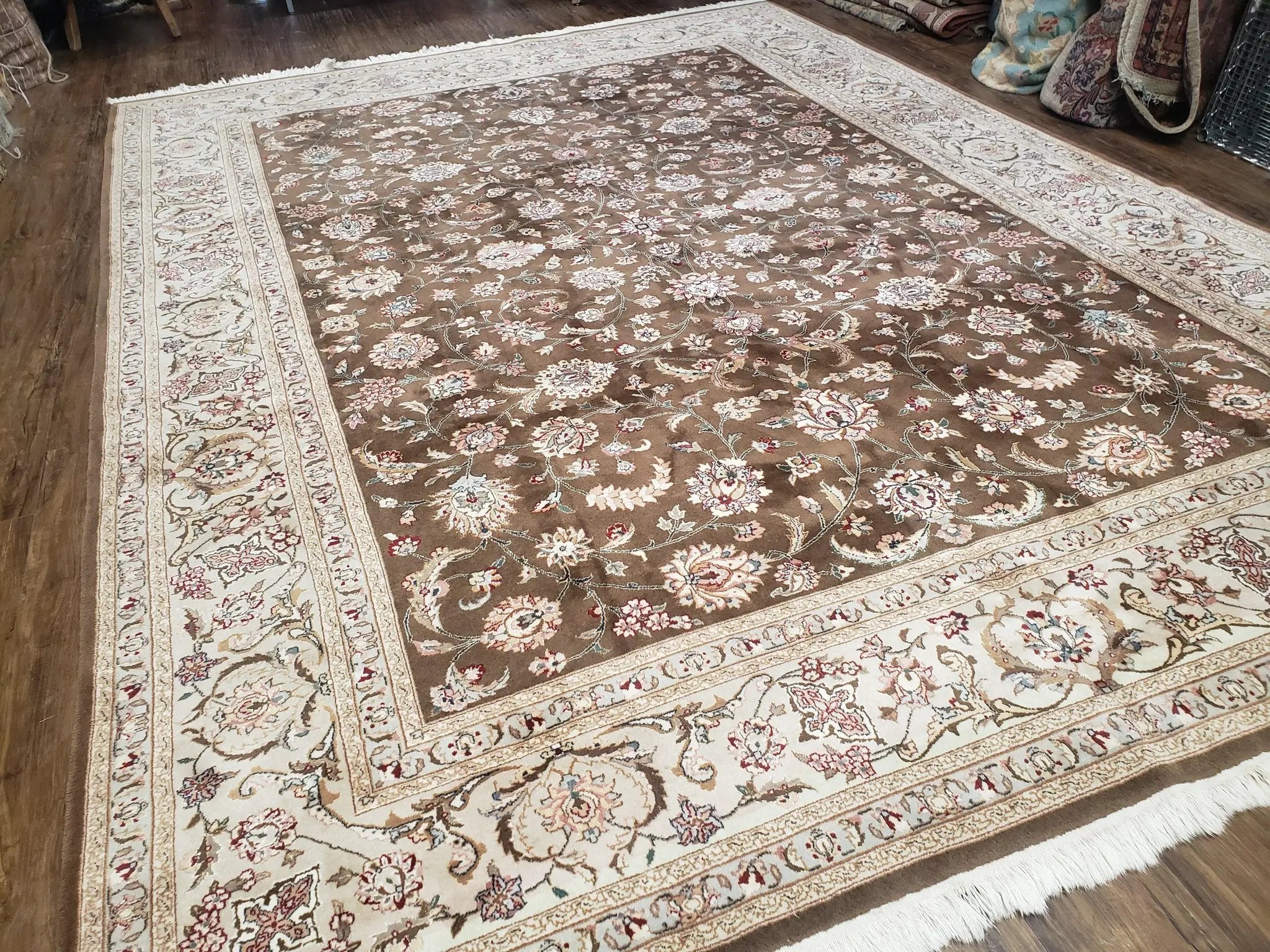 Vintage Pak-Persian Area Rug 9x12, Wool Hand-Knotted Spice Brown & Ivory Traditional Fine Oriental Carpet, Pakistani Carpet, 9 x 12 Fine Rug by Jewel Rugs