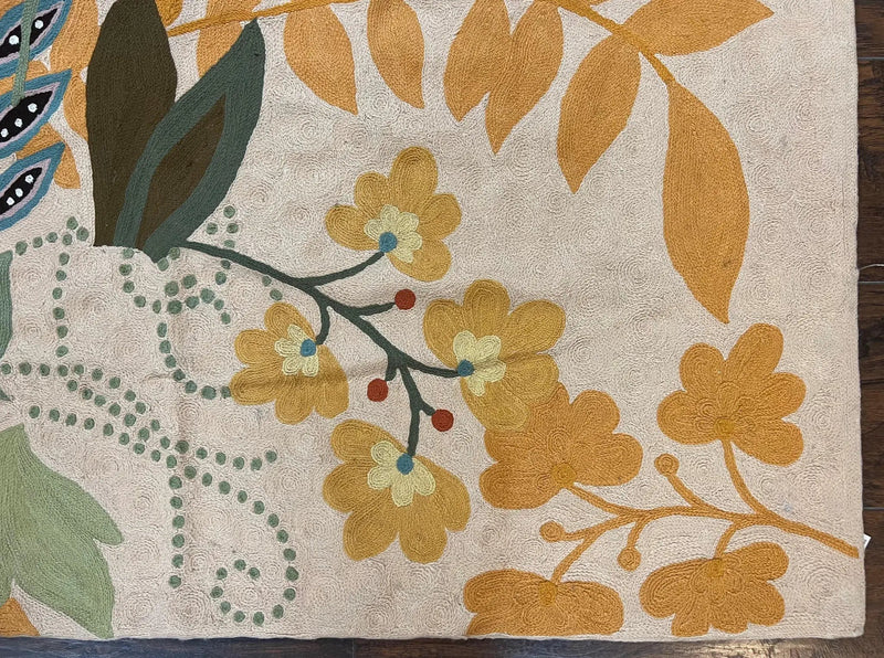 Indian Chain Stitched Rug 4x6, Hand Stitched Indian Embroidery Carpet, Large Floral Design, Contemporary, Cream and Colorful Flowers, Wool by Jewel Rugs