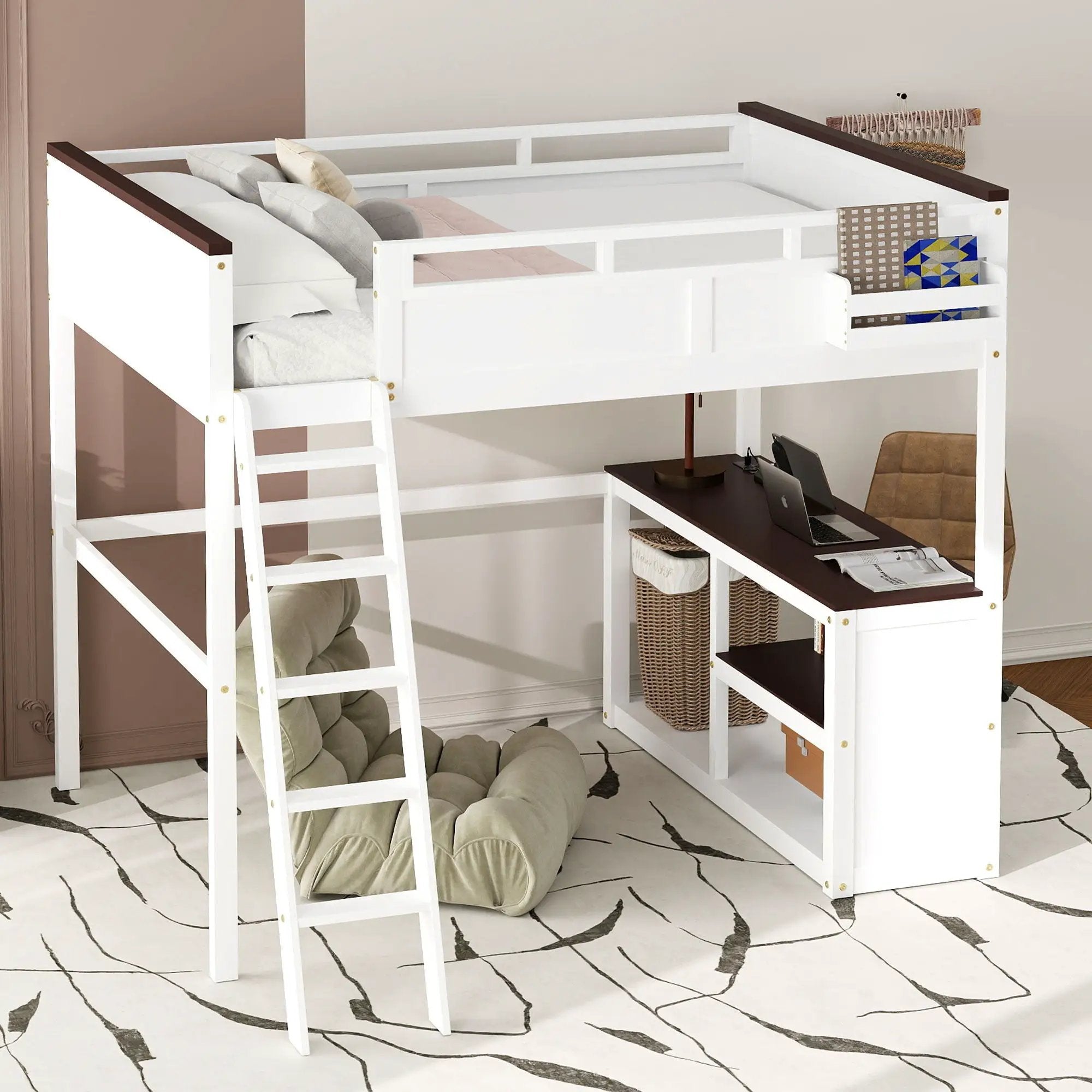Queen Size Loft Bed With Desk, Open Shelf, Storage Box And USB Charging Station - White by HouseOfZazla