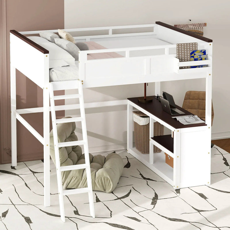 Queen Size Loft Bed With Desk, Open Shelf, Storage Box And USB Charging Station - White by HouseOfZazla