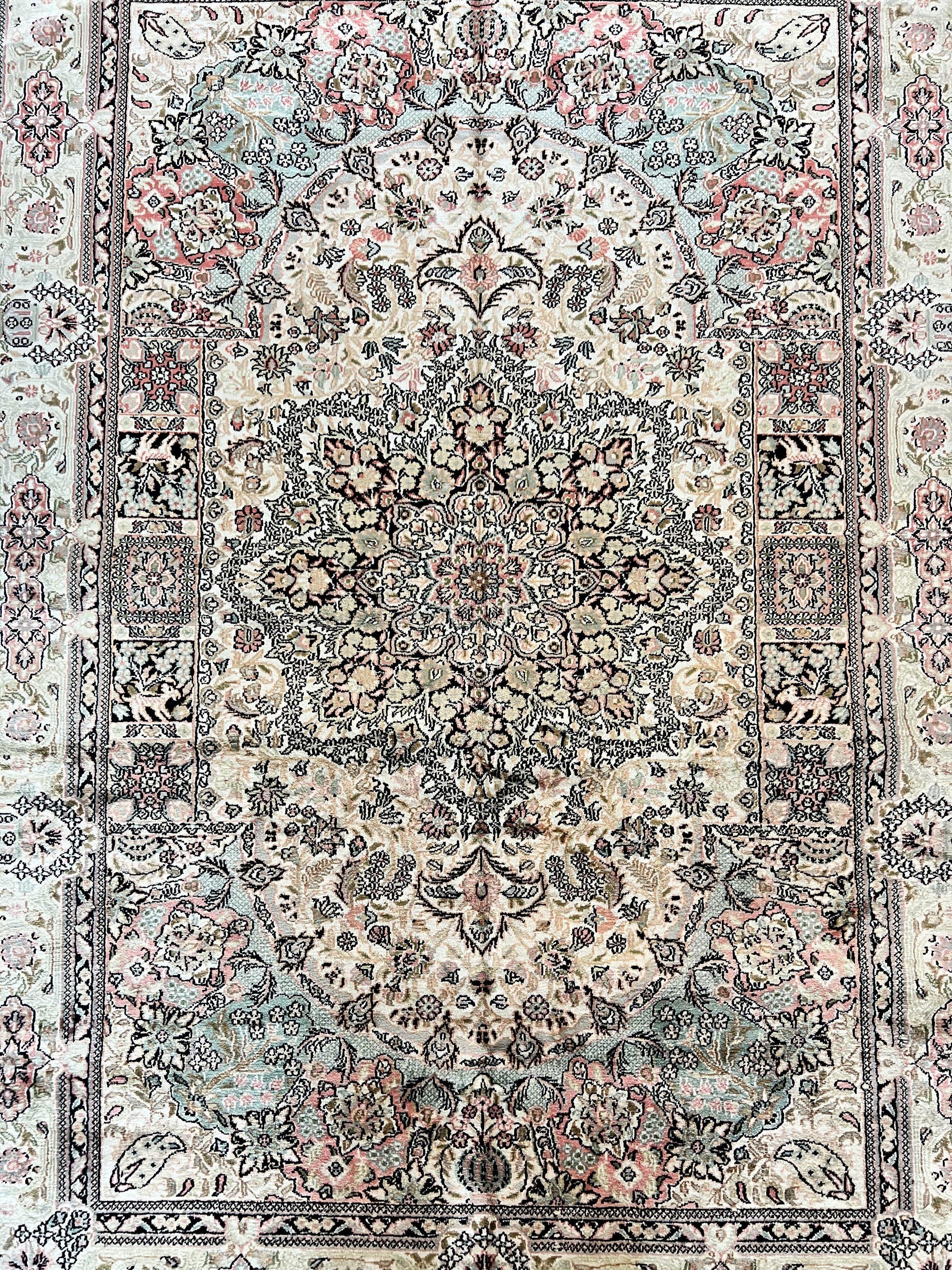 Silk Indian Kashmiri Rug 4x6, Handmade, Ivory, Fine 240 KPSI by Jewel Rugs