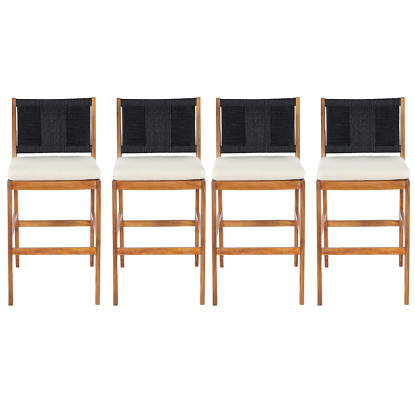 4 Pieces Arly Black Outdoor Bar Stool Solid Acacia Wood and Woven Wicker