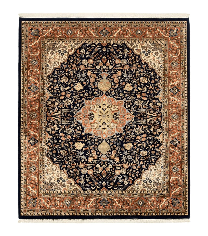 Indo Persian Rug 8x10, Midnight Blue & Red, Handmade Vintage Wool Carpet, Floral Medallion by Jewel Rugs
