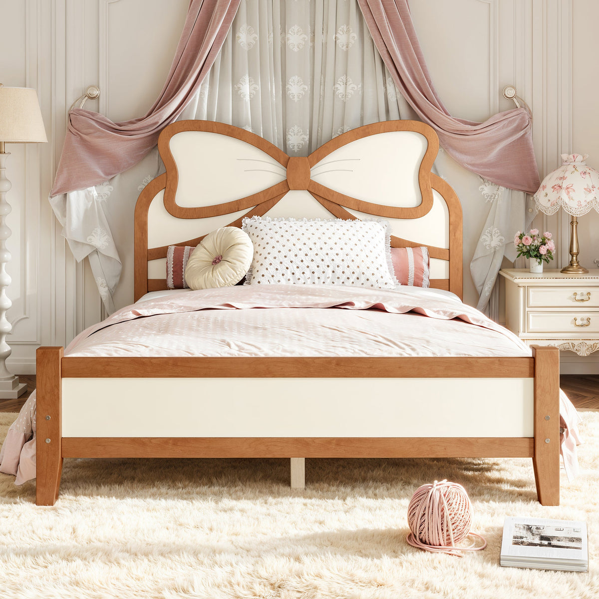 Full Size Wooden Platform Bed with Bow Headboard, Solid Wood Bed Frame with Slatted Support, Low Profile Platform Bed for Kid Teens Girls, No Box Spring Needed,Beige&Natural