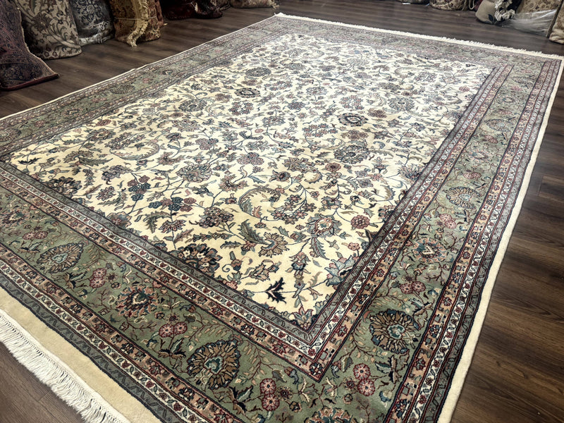 Indo Persian Rug 9x12, Allover Floral Pattern, Ivory & Green, Traditional Oriental Carpet by Jewel Rugs